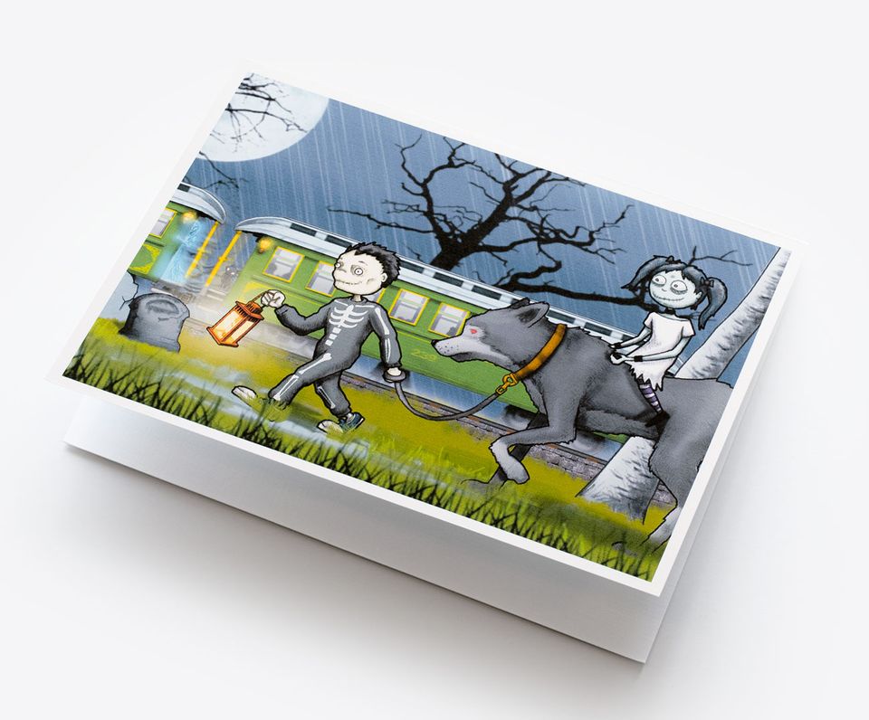 Spooky Cat Halloween Card - Haunted Train