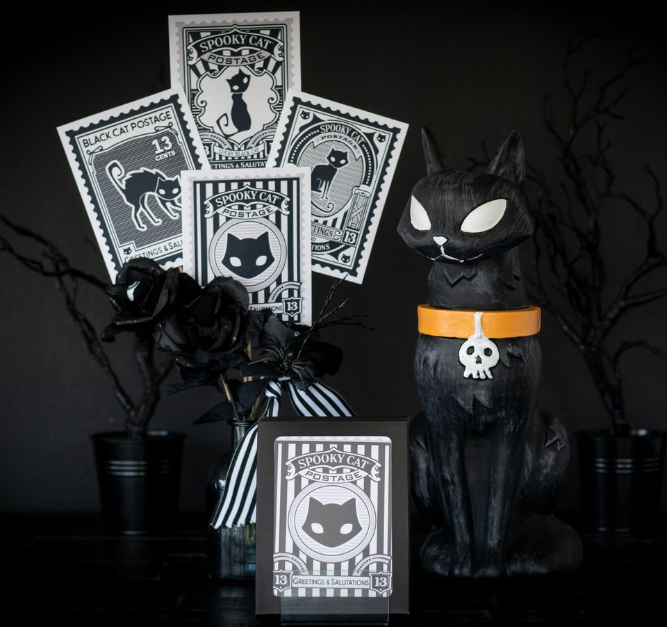 Spooky Black Cat Postage Greeting Card