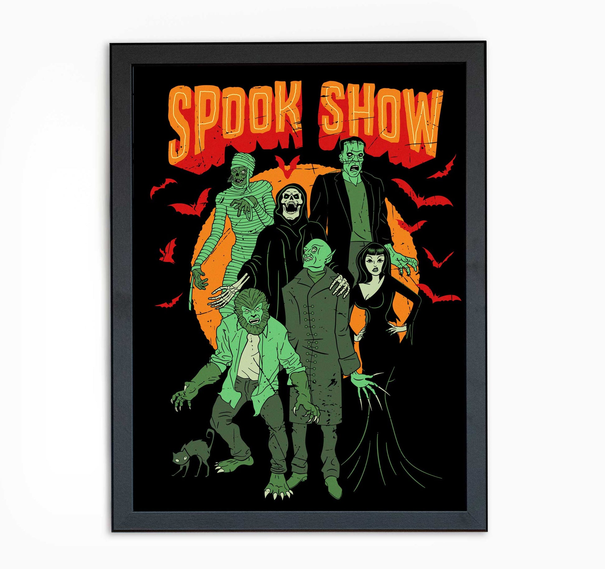 Art print with Frankenstein, Vampira, Mummy, Death, Werewolf
