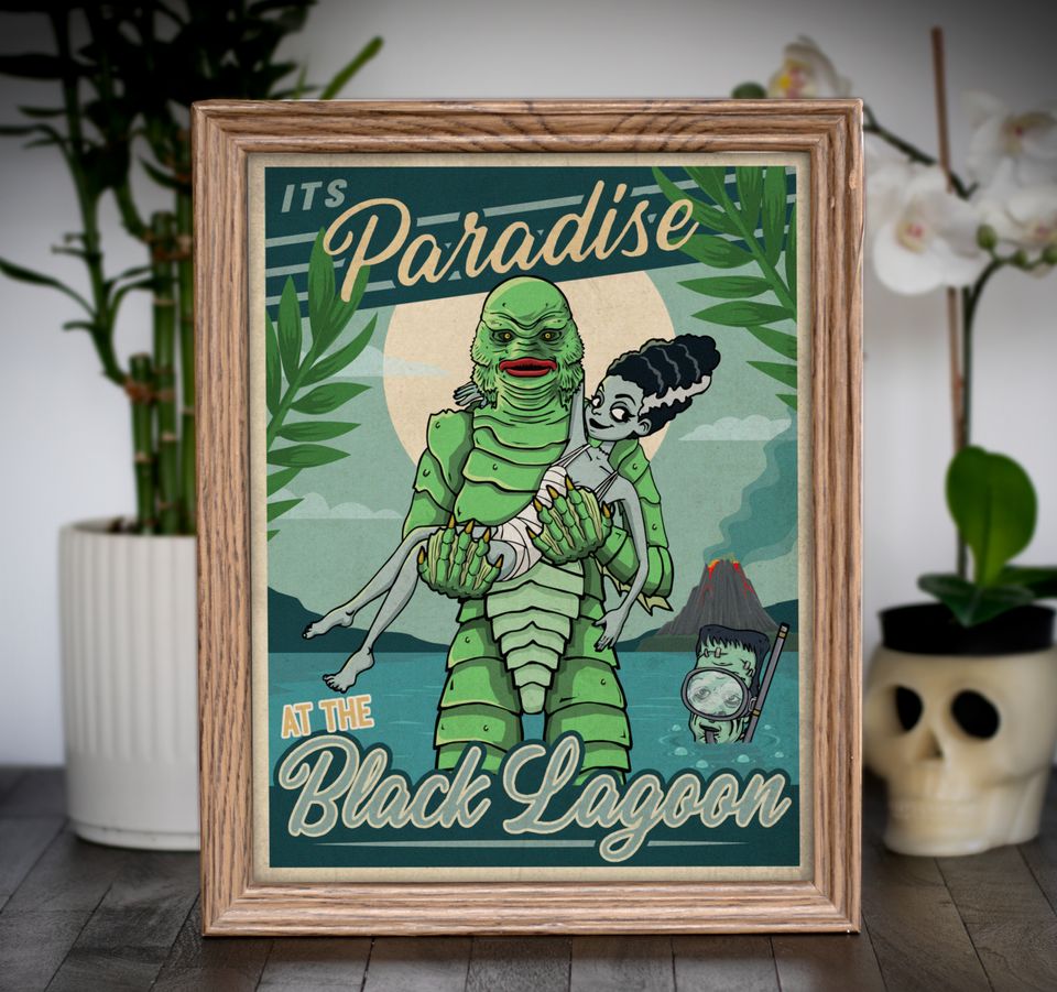 Tiki Paradise Frankenstein's Monster & Bride on Vacation with a Swamp Creature classic horror-inspired travel Art Print