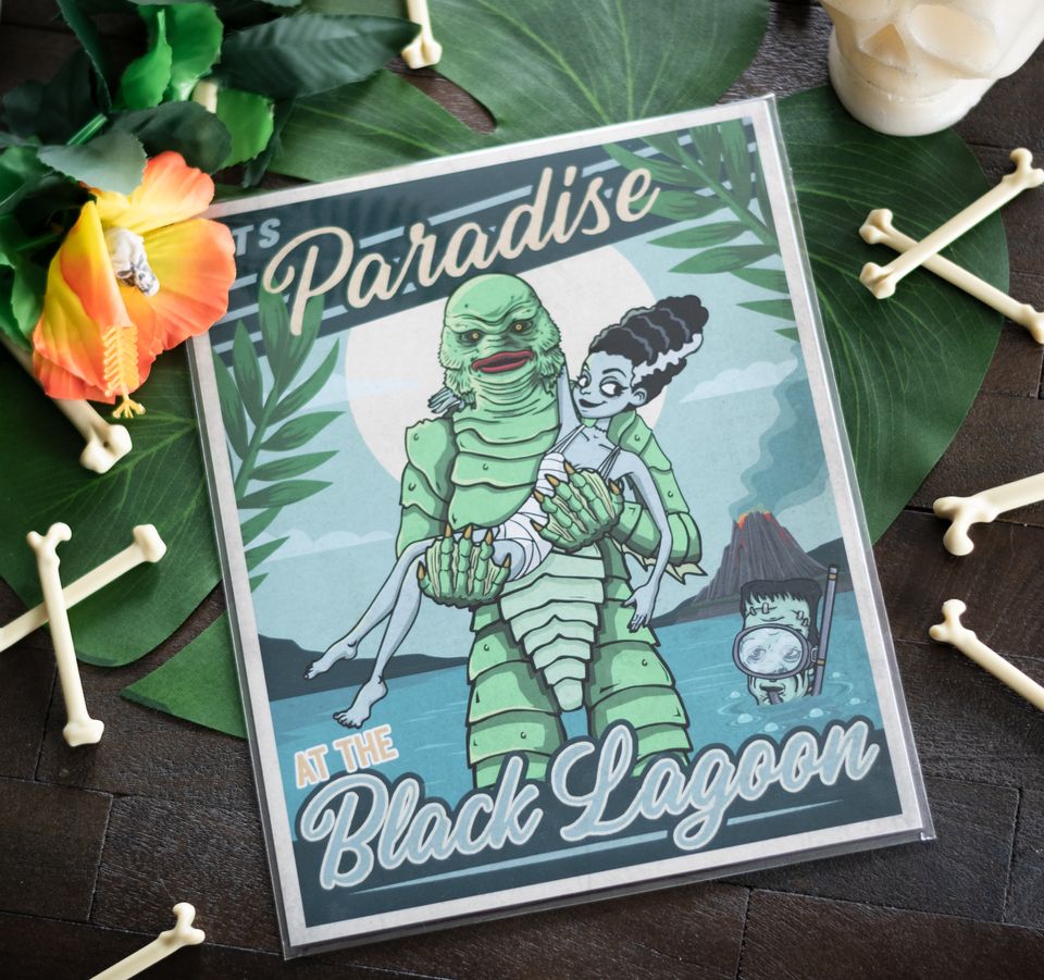 Tiki Paradise Frankenstein's Monster & Bride on Vacation with a Swamp Creature classic horror-inspired travel Art Print