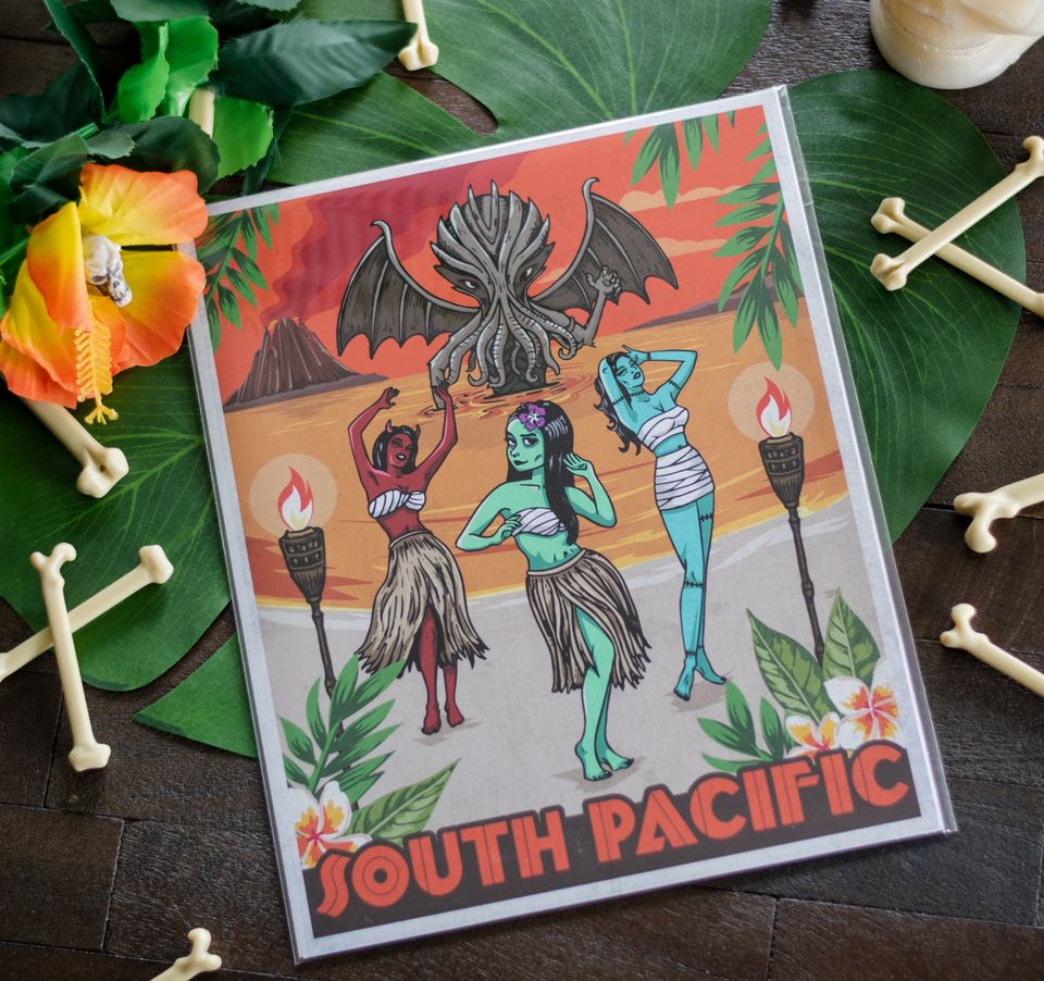 Cthulhu's call is irresistible to the hula ghouls in this vintage travel-inspired Tiki art print