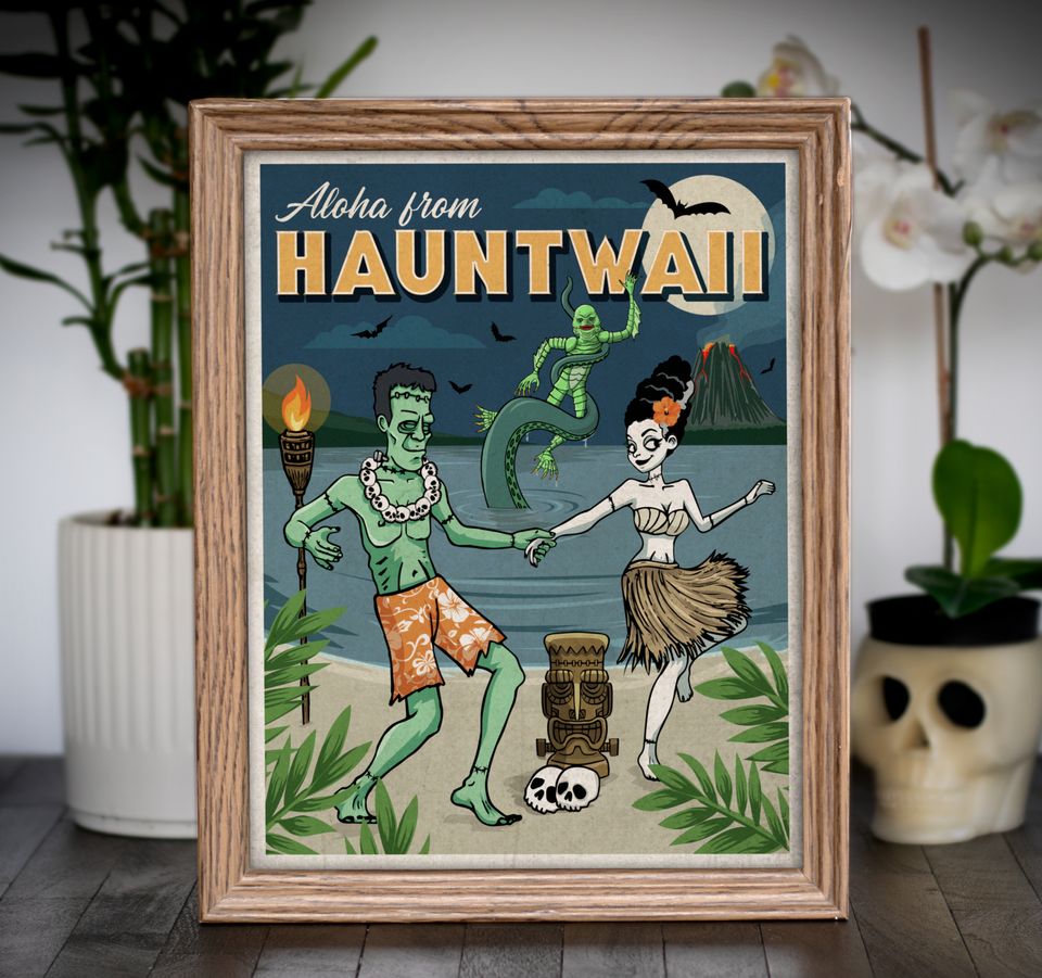 Tiki Paradise Frankenstein's Monster & Bride on Vacation with a Swamp Creature classic horror-inspired travel Art Print