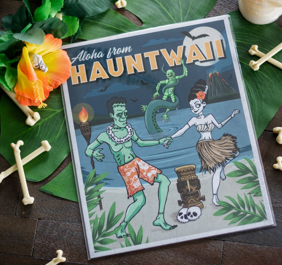 Tiki Paradise Frankenstein's Monster & Bride on Vacation with a Swamp Creature classic horror-inspired travel Art Print