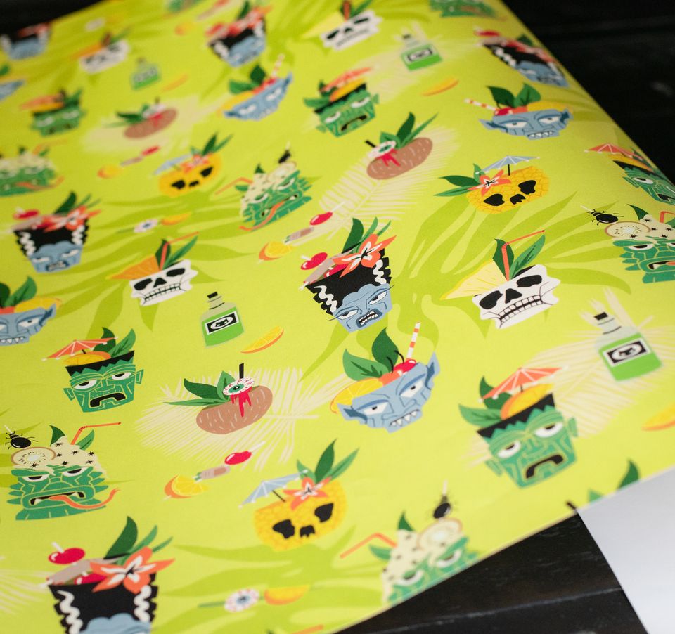 Tiki Mug Cocktails Gift Wrap with Creature Frankenstein Bride Nosferatu