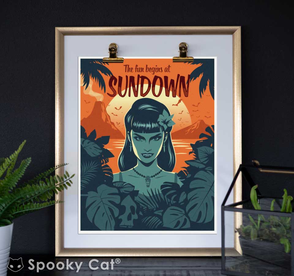 Vampira hot summer ghoul in a tiki art print