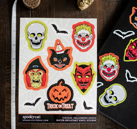 Vintage Halloween Mask Sticker Sheet with pumpkin, black cat, clown, witch, devil, skeleton